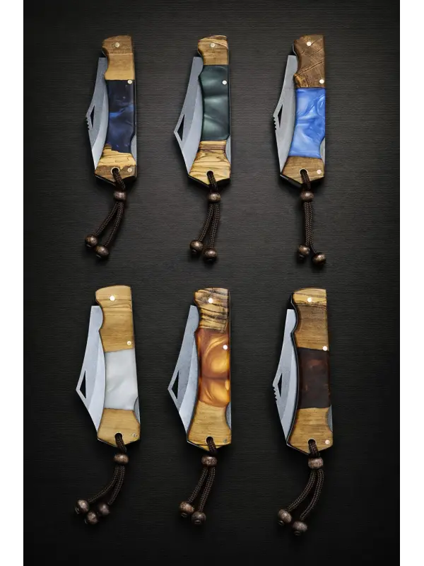 El Yapımı Handmade Kılıflı  Ahşap Epoksi Saplı Katlanır Çakı Kamp Outdoor Avcı Çakısı