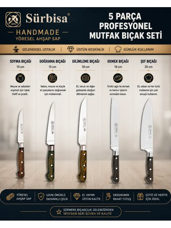 Sürbisa Handmade Yöresel Ahşap Sap Günlük Mutfak Bıçak Seti 5 Parça | Soyma, Doğrama, Dilimleme, Ekmek ve Şef Bıçağı