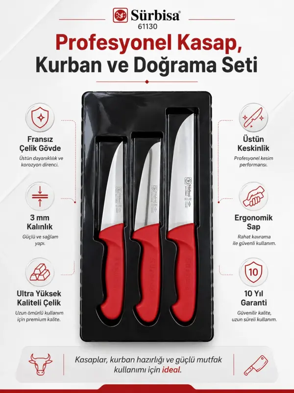 Sürbisa 3’lü Profesyonel Kasap ve Kurban Bıçak Seti Kırmızı Sap Fransız Çelik 3 mm 10 Yıl Garantili