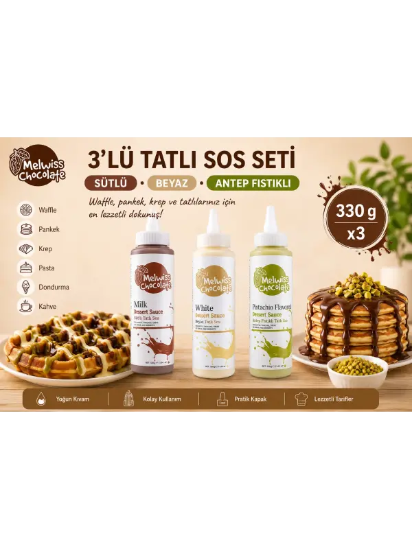Melwiss Chocolate 3’lü Tatlı Sos Seti Sütlü Beyaz Antep Fıstıklı 330 Gr x 3 Waffle Krep Pankek Sosu