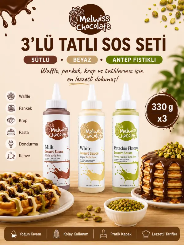 Melwiss Chocolate 3’lü Tatlı Sos Seti Sütlü Beyaz Antep Fıstıklı 330 Gr x 3 Waffle Krep Pankek Sosu