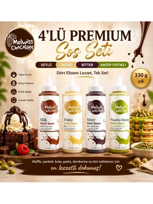 Melwiss Chocolate 4’lü Premium Tatlı Sos Seti Sütlü Beyaz Bitter Antep Fıstıklı 330 Gr x 4