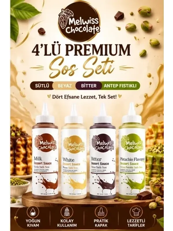 Melwiss Chocolate 4’lü Premium Tatlı Sos Seti Sütlü Beyaz Bitter Antep Fıstıklı 330 Gr x 4