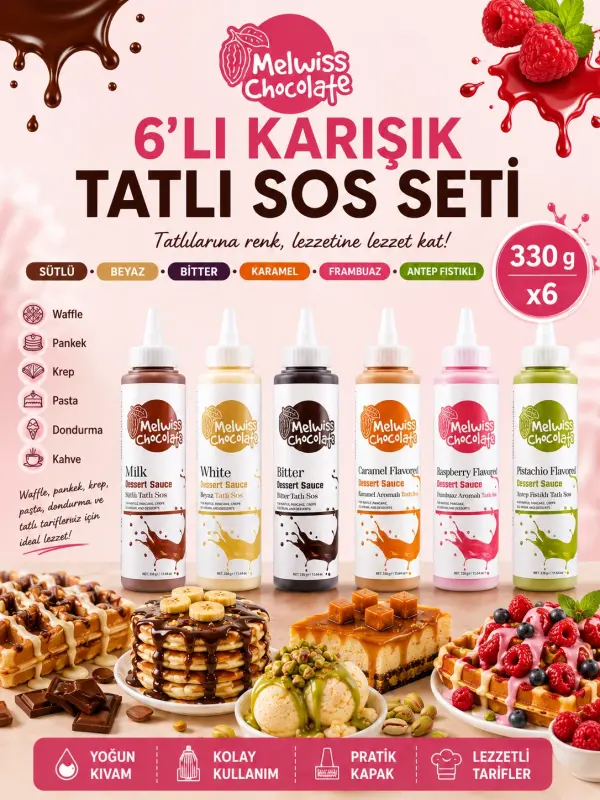 Melwiss Chocolate 6’lı Karışık Tatlı Sos Seti Waffle Pasta Pankek Sosları 330 gr x 6