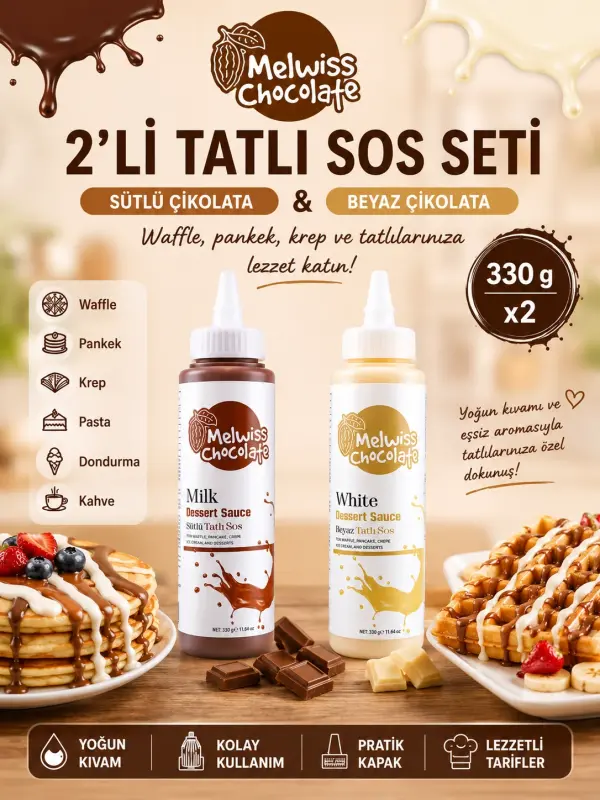 Melwiss Chocolate 2’li Tatlı Sos Seti Sütlü ve Beyaz Çikolata Sosu 330 gr x 2