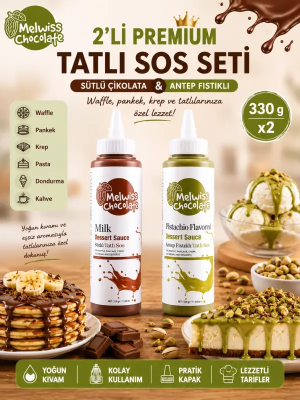 Melwiss Chocolate 2’li Premium Sos Seti Sütlü Çikolata ve Antep Fıstıklı 330 gr x 2