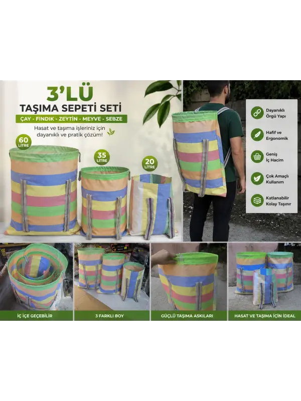 Taşıma Sepeti 3 lü Büyük Orta Küçük Boy Dayanıklı Sırt Tipi Çay Fındık Hasat ve Yük Taşıma Çuvalı