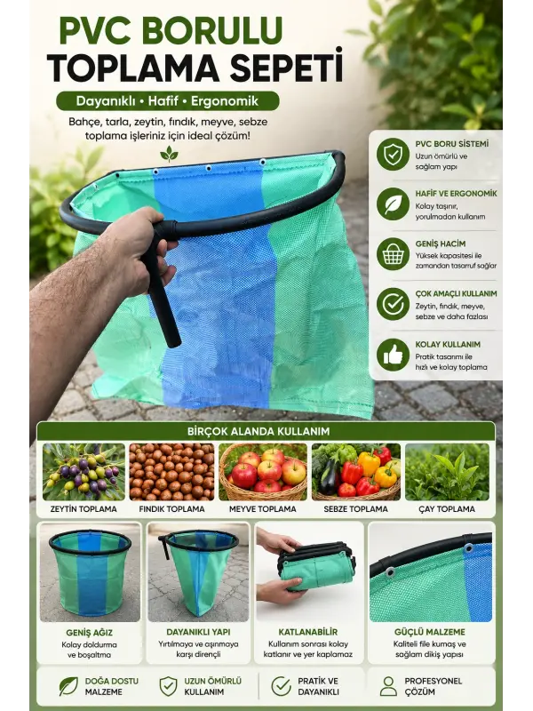 Profosyonel Çay Meyve Sebze Toplama Sepeti PVC Borulu Tutacaklı Ergonomik Hasat Toplama Sepeti