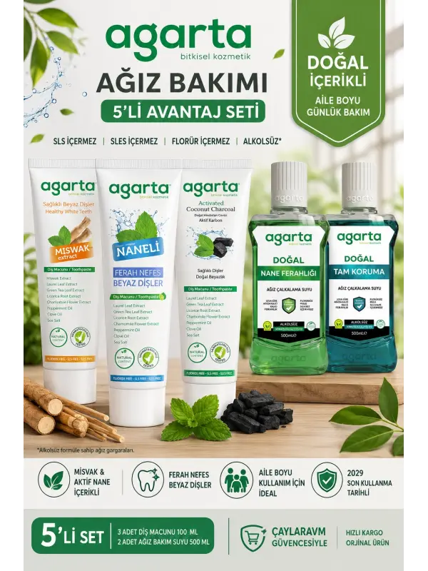 Agarta Florürsüz Diş Macunu 3x100 ml + Alkolsüz Ağız Bakım Suyu 2x500 ml Misvak Aktif Nane Avantaj Seti