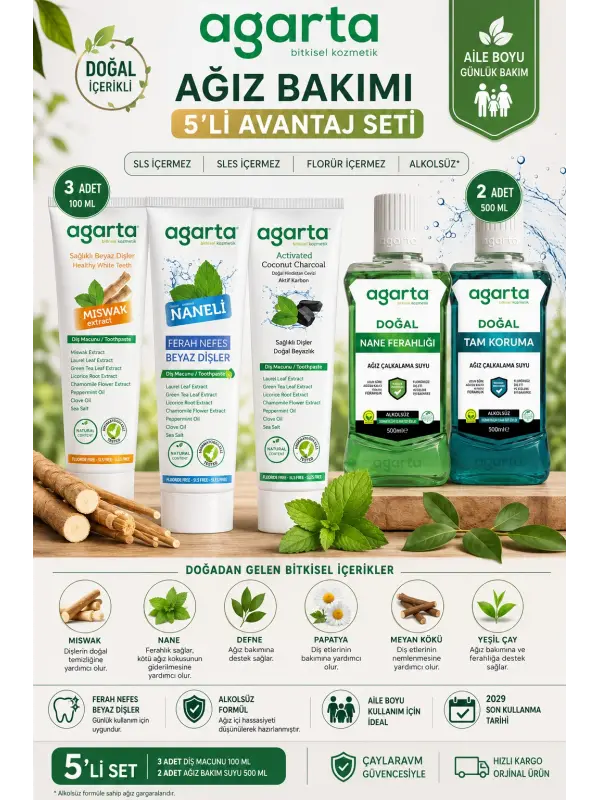 Agarta Florürsüz Diş Macunu 3x100 ml + Alkolsüz Ağız Bakım Suyu 2x500 ml Misvak Aktif Nane Avantaj Seti
