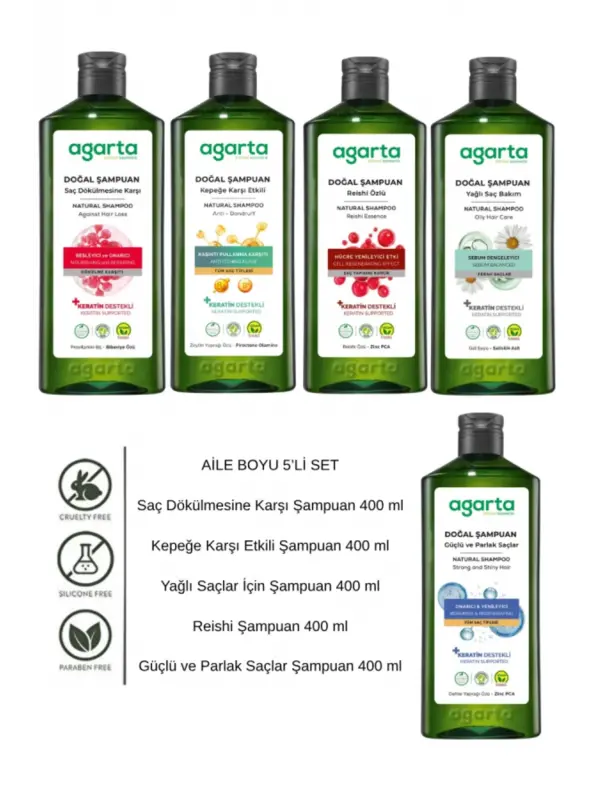 Agarta Aile Boyu Şampuan Seti 5’li 400 ml Keratin Vegan Doğal