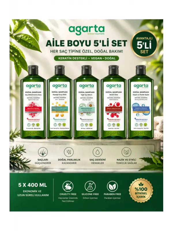 Agarta Aile Boyu Şampuan Seti 5’li 400 ml Keratin Vegan Doğal
