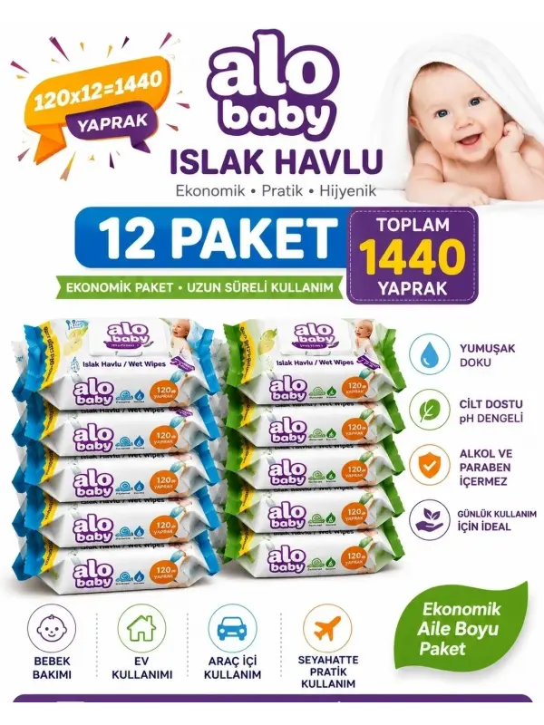 Alo Baby Ekopack Islak Havlu 120li x 12 Paket (Toplam 1440 Yaprak)