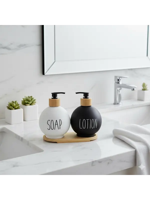 Lüks Tasarım Bambu Standlı 2li Banyo Sabunluk Seti - Siyah & Beyaz