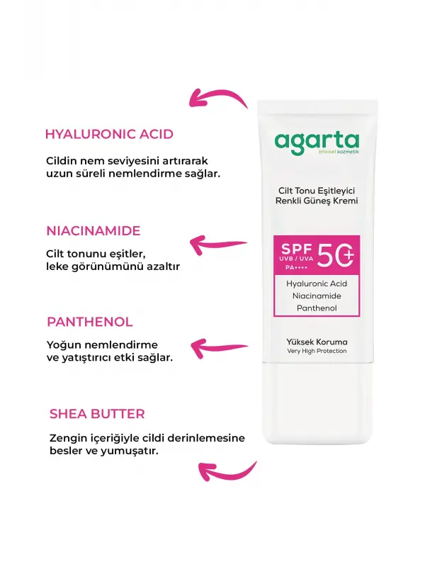 Agarta Cilt Tonu Eşitleyici Renkli Kapatıcı Etkili 50 Ml Spf+50 Güneş Kremi