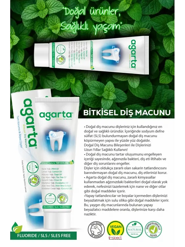 Agarta Doğal Bitki Özlü Florürsüz Beyazlatıcı Diş Macunu 100 ml