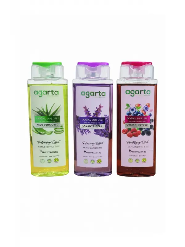 Agarta Doğal Duş Jeli Seti 3x400 ml – Aloe Vera, Lavanta, Orman Meyveli | Nemlendirici
