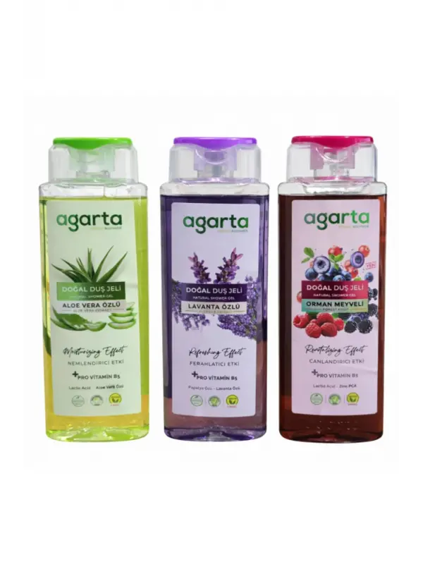 Agarta Doğal Duş Jeli Seti 3x400 ml – Aloe Vera, Lavanta, Orman Meyveli | Nemlendirici
