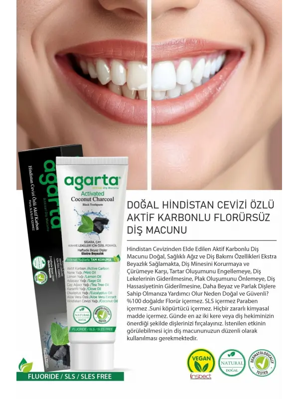 Agarta Doğal Hindistan Cevizi Özlü Aktif Karbonlu Florürsüz Diş Macunu 100 ml