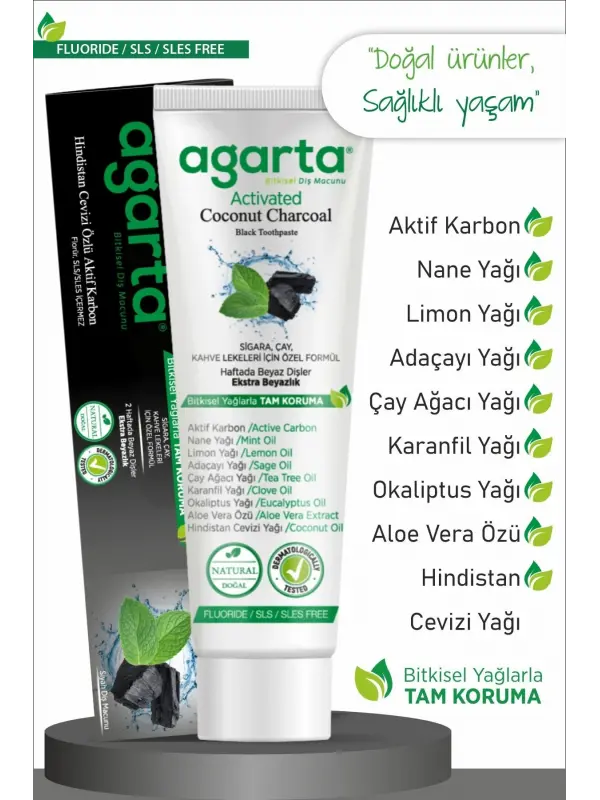 Agarta Doğal Hindistan Cevizi Özlü Aktif Karbonlu Florürsüz Diş Macunu 100 ml