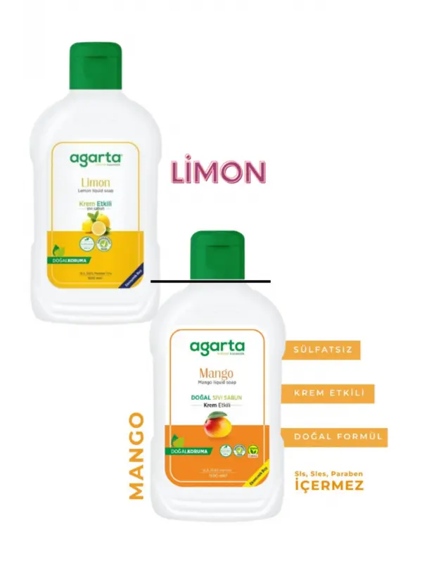 Agarta Doğal Limon Mango Sıvı Sabun Krem Etkili 1500 Ml x 2 adet