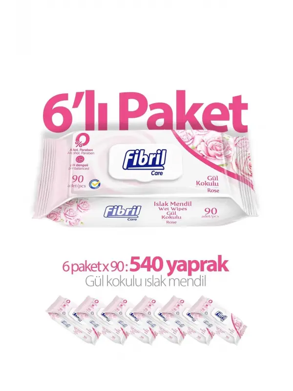 Fibril Gül Kokulu Islak Mendil 6x90 Lı Paket 540 Yaprak