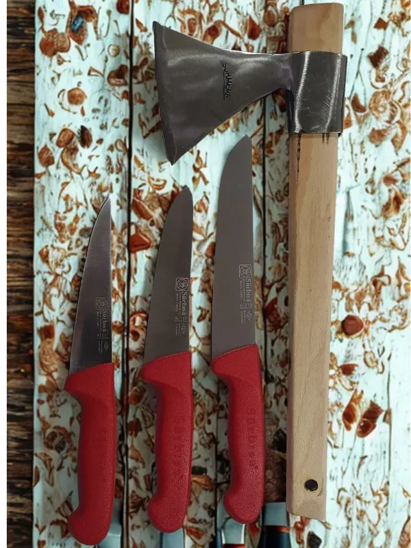 Handmade Sürmene Sürbisa Paltalı Kasap Kurban Et Doğrama Seti 4 lü + Masat