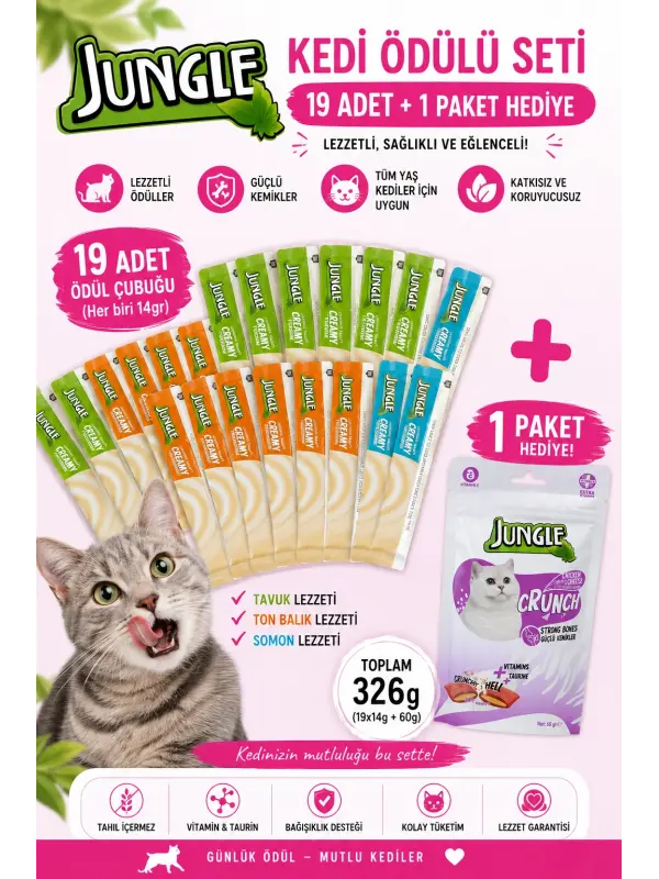 Jungle Kedi Ödülü Avantaj Seti 19lu Creamy Stick + Crunch Strong Bones 60 gr Tavuk Somon Ton Balıklı 326 gr