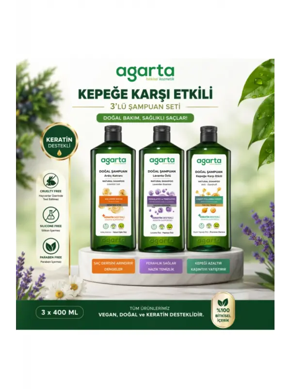 Agarta Kepeğe Karşı Şampuan Seti 3’lü 400 ml Ardıç Katranı Vegan Doğal
