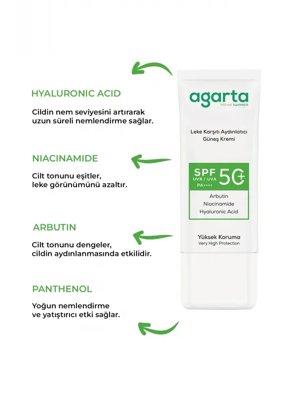 Agarta Leke Karşıtı Aydınlatıcı 50 Ml Spf+50 Yüz Güneş Kremi