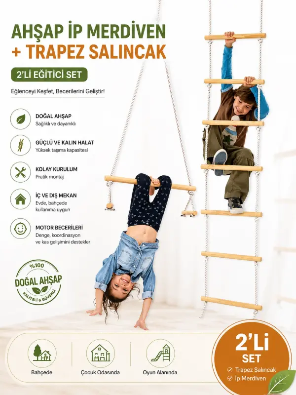 Montessori Ahşap İp Merdiven 6 Basamak + Trapez Salıncak 2li Set | Çocuk Tırmanma Oyuncağı | Duyu Bütünleme | Jimnastik Salıncağı