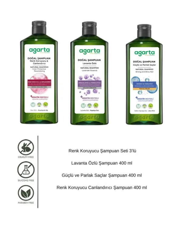 Agarta Renk Koruyucu Şampuan Seti 3’lü 400 ml ProVitamin B5 Keratin Vegan