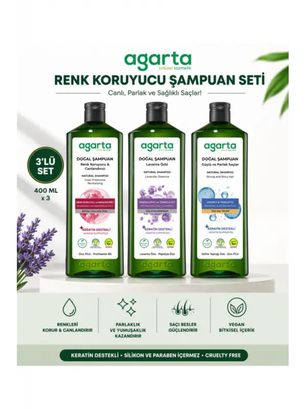 Agarta Renk Koruyucu Şampuan Seti 3’lü 400 ml ProVitamin B5 Keratin Vegan
