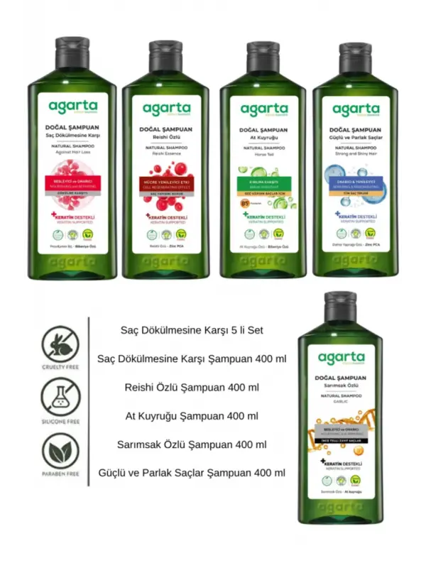 Agarta Saç Dökülmesine Karşı 5’li Şampuan Seti 400 ml Keratin Vegan Bitkisel
