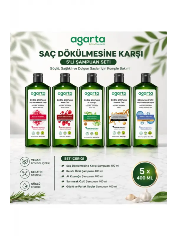 Agarta Saç Dökülmesine Karşı 5’li Şampuan Seti 400 ml Keratin Vegan Bitkisel