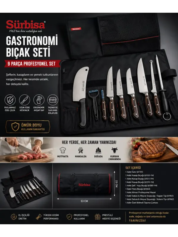 Sürbisa Çantalı Aşçı Gastronomi Handmade Bıçak Seti 9lu Set