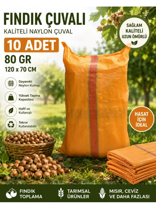 Toplama Çuvalı 10 Adet Fındık 70x120 cm 100 Gr Dayanıklı Naylon Hasat Çuvalı Turuncu