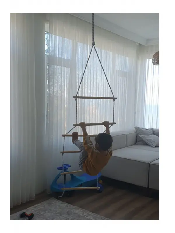 Trapez Ahşap Merdiven 8mm İp 100kg Taşır Set Çocuk Tırmanma Jimnastik Gelişim Salıncağı 6 basamak
