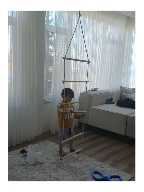 Trapez Ahşap Merdiven 8mm İp 100kg Taşır Set Çocuk Tırmanma Jimnastik Gelişim Salıncağı 6 basamak