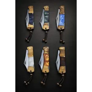 El Yapımı Handmade Kılıflı  Ahşap Epoksi Saplı Katlanır Çakı Kamp Outdoor Avcı Çakısı