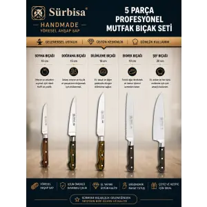 Sürbisa Handmade Yöresel Ahşap Sap Günlük Mutfak Bıçak Seti 5 Parça | Soyma, Doğrama, Dilimleme, Ekmek ve Şef Bıçağı