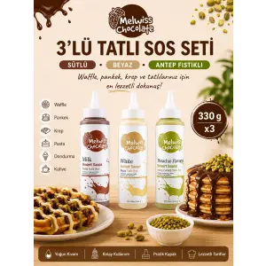 Melwiss Chocolate 3’lü Tatlı Sos Seti Sütlü Beyaz Antep Fıstıklı 330 Gr x 3 Waffle Krep Pankek Sosu