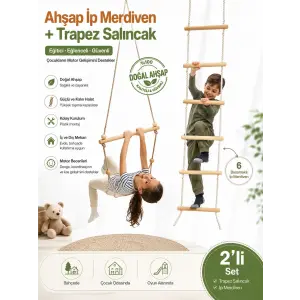 Montessori Ahşap İp Merdiven 6 Basamak + Trapez Salıncak 2li Set | Çocuk Tırmanma Oyuncağı | Duyu Bütünleme | Jimnastik Salıncağı