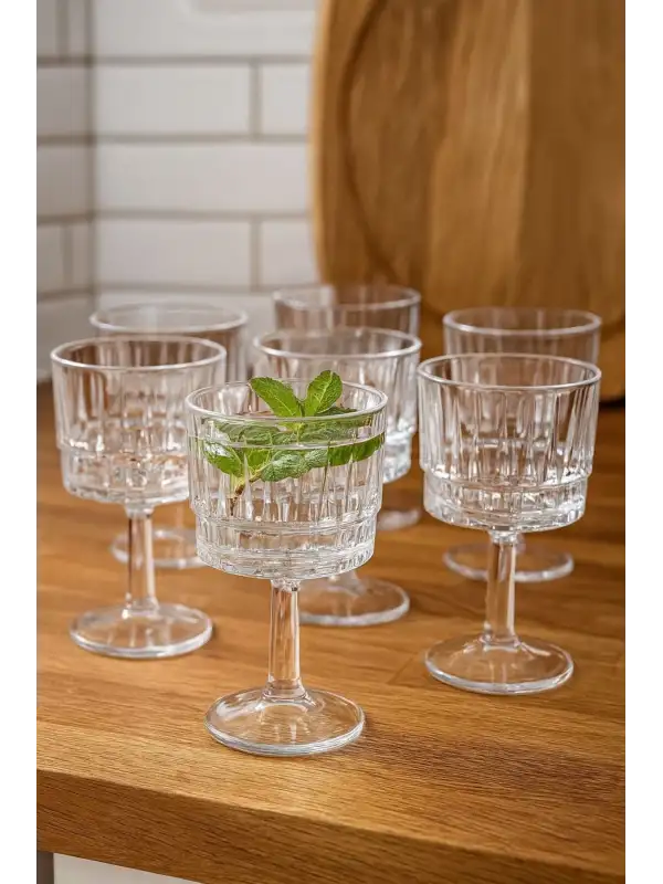 Verde Desen 6lı Kahve Yanı Ayaklı Su Bardak Şeffaf 80ml