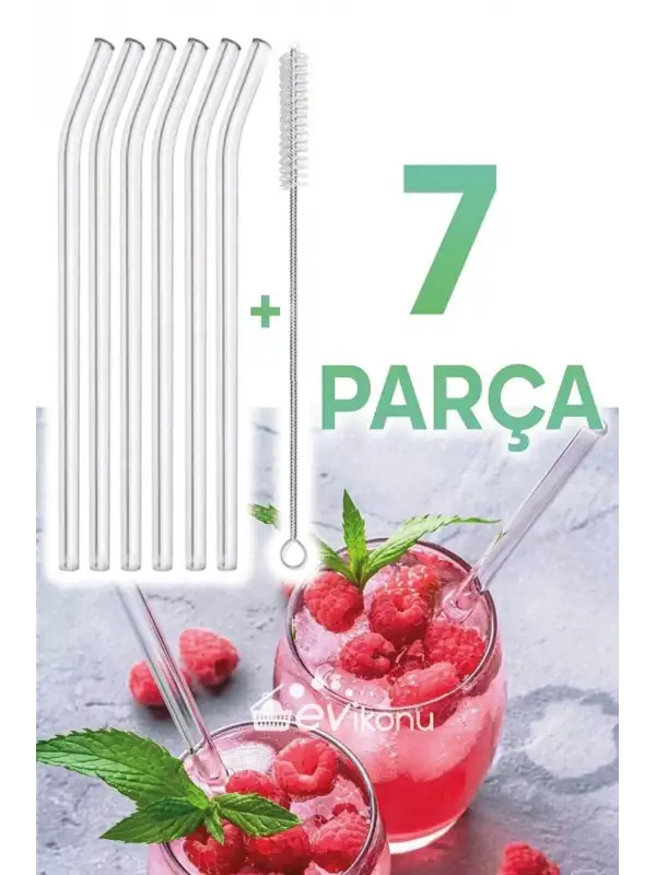 6 Parça Şeffaf Cam Eğimli Pipet Ve Temizleme Fırçası Kokteyl Sunum Pipetleri Yıkanabilir