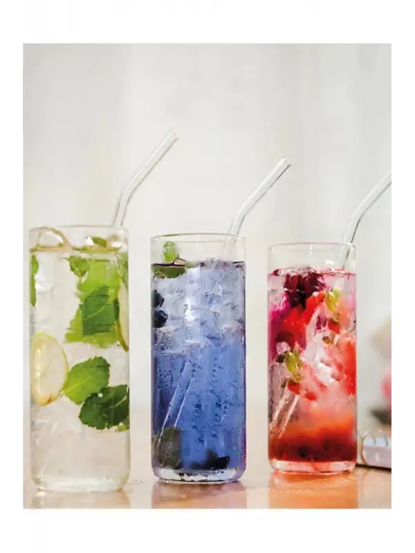 6 Parça Şeffaf Cam Eğimli Pipet Ve Temizleme Fırçası Kokteyl Sunum Pipetleri Yıkanabilir