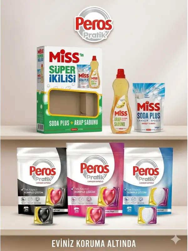 Soda Plus + Arap Sabunu & Peros Pratik 26’lı Çamaşır Kapsülü Temizlik Seti Siyahlar Renkliler Beyazlar