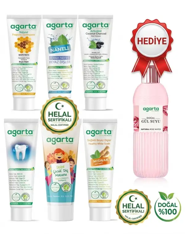 Agarta 6lı Aile Paketi Diş Macunu Seti + Doğal Gül Suyu Hediye (Aktif Karbon, Misvak, Naneli, Çocuk)