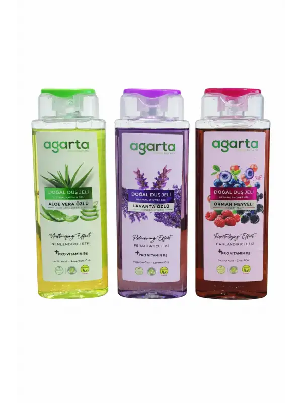 Agarta Doğal Duş Jeli Seti 3x400 ml – Aloe Vera, Lavanta, Orman Meyveli | Nemlendirici, Ferahlatıcı, Canlandırıcı + Pro Vitamin B5 Vegan