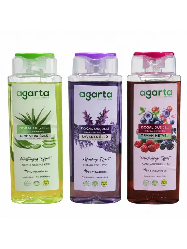 Agarta Doğal Duş Jeli Seti 3x400 ml – Aloe Vera, Lavanta, Orman Meyveli | Nemlendirici, Ferahlatıcı, Canlandırıcı + Pro Vitamin B5 Vegan